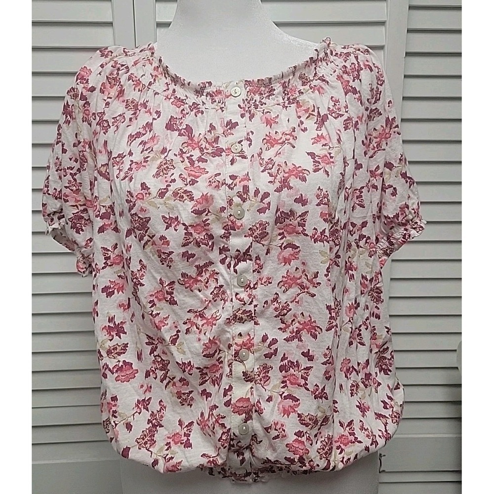 Lucky Brand Women's SZ M  Short Sleeve Floral Top Pink White Button Front